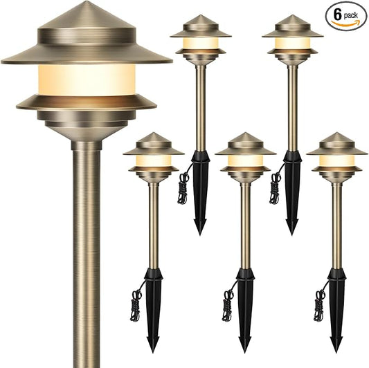 Gardencoin Pagoda Solid Brass Low Voltage Landscape Pathway Lights, 12V LED Heavy Duty Path Lighting Outdoor Wired, Waterproof Antique Bronze Walkway Lights, 6 Pack Without G4 Bulb