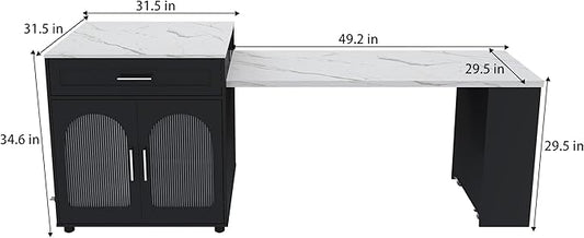 80" Expandable Kitchen Island with Dining Table, Marble Countertop & Power Outlet, Mobile Storage Cart with Cabinet & 2 Drawers, Black Kitchen Prep Table