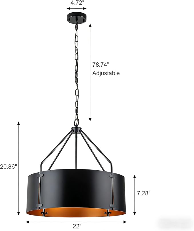 Drum Chandeliers for Dining Room,22 in Black and Gold Metal Dining Room Light Fixture Over Table, Industrial Modern Farmhouse Pendant Light for Kitchen,Entryway,Living Room