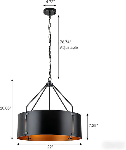 Drum Chandeliers for Dining Room,22 in Black and Gold Metal Dining Room Light Fixture Over Table, Industrial Modern Farmhouse Pendant Light for Kitchen,Entryway,Living Room