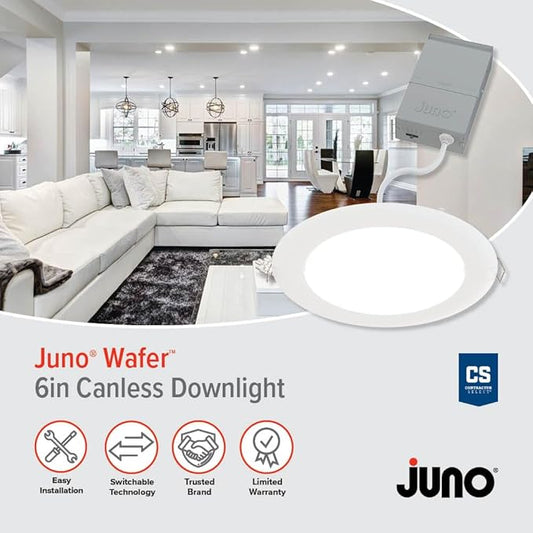 Juno LED Recessed Lights 6 Inch Round Wafer Downlight, 5-in-1 Switchable White Color Temperature, 120 Volts, 6-Inch Ultra-Thin Flat Trim, Matte White, 4-Pack (WF6 SWW5 90CRI MW CP4 M2)