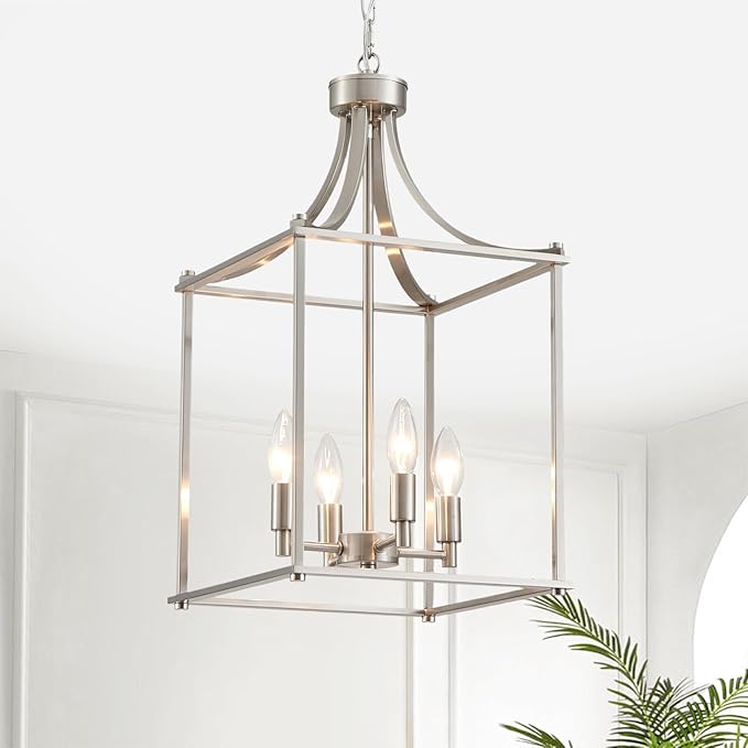 XINGQI Farmhouse Brushed Nickel Chandeliers for Dining Room, Geometric 4 Light Hanging Lantern Pendant Light Fixture for Staircase Foyer Kitchen Island Dinning Room Living Room