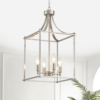 XINGQI Farmhouse Brushed Nickel Chandeliers for Dining Room, Geometric 4 Light Hanging Lantern Pendant Light Fixture for Staircase Foyer Kitchen Island Dinning Room Living Room