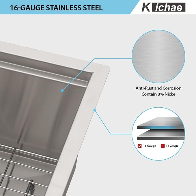 Kichae 33 Farmhouse Sink Double Bowl - 33 Inch Kitchen Sink Apron Front Stainless Steel Handmade Low Divided 50/50 Double Bowl Workstation Sink Basin