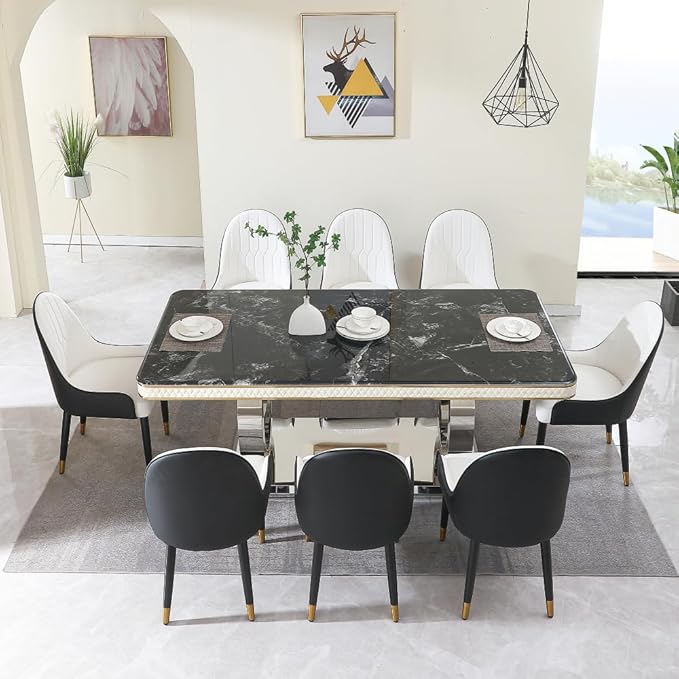 Modern Rectangular Dining Table for 6-8, Luxury Sintered Stone Kitchen Table with Heavy-Duty Double Circle Stainless Steel Base, Heat-Resistant Furniture for Dining Room (Table)