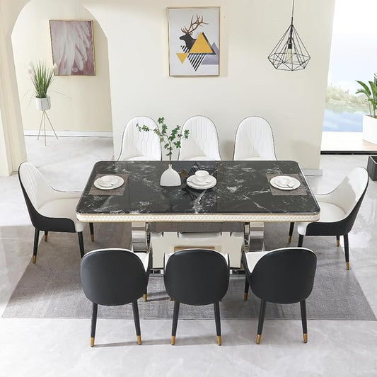 Modern Rectangular Dining Table for 6-8, Luxury Sintered Stone Kitchen Table with Heavy-Duty Double Circle Stainless Steel Base, Heat-Resistant Furniture for Dining Room (Table)