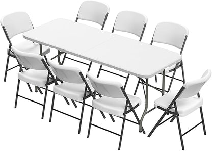 Elevon Folding Table Set with 8 White Folding Chairs,6 Feet Heavy Duty Fold-in-Half Utility Table Sets for Picnic, Event, Training, Outdoor Activities, at Home and Commercial Use