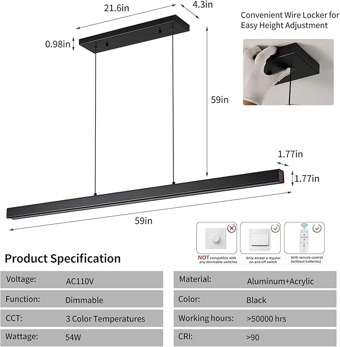LED Linear Pendant Light Fixtures, 59'' Black Dimmable Island Light with Remote, 3000k-6000K Adjustable Color Temperature, Aluminum Chandelier Lamp Fixture for Kitchen, Dining Room, study room