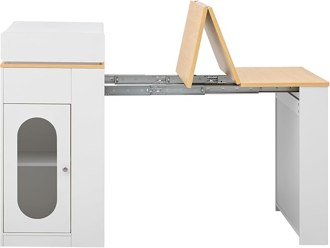 Extendable Dining Table with Folding Tabletop, Bar Table with Drawers and Power Outlet, Kitchen Island with Wheels and Hooks for Kitchen, Dining Room, Creamy White+Natural