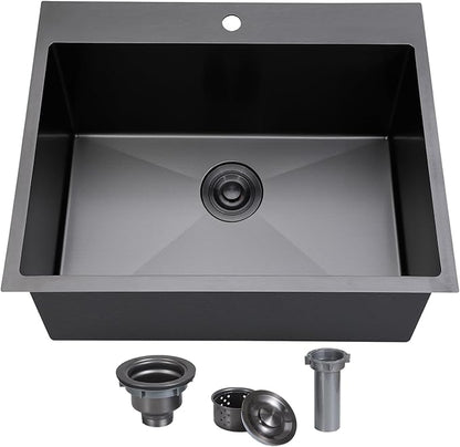 SHACO 18x18 Inch Drop In Black Bar Sink, 18 Inch Gunmetal Black Small Kitchen Sink, Stainless Steel 16 Gauge Single Bowl Laundry Prep RV Sink with Strainer Drain
