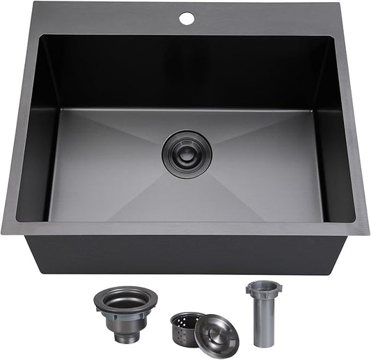 SHACO 18x18 Inch Drop In Black Bar Sink, 18 Inch Gunmetal Black Small Kitchen Sink, Stainless Steel 16 Gauge Single Bowl Laundry Prep RV Sink with Strainer Drain