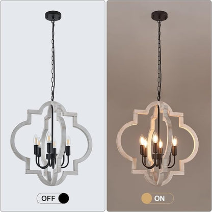 6-Light 21" Farmhouse Orb Chandelier Rustic Handmade Distressed White Wood Hanging Ceiling Pendant Light Fixture Wood Lantern Chandeliers for Dining Room Kitchen Bedroom Foyer Hallway
