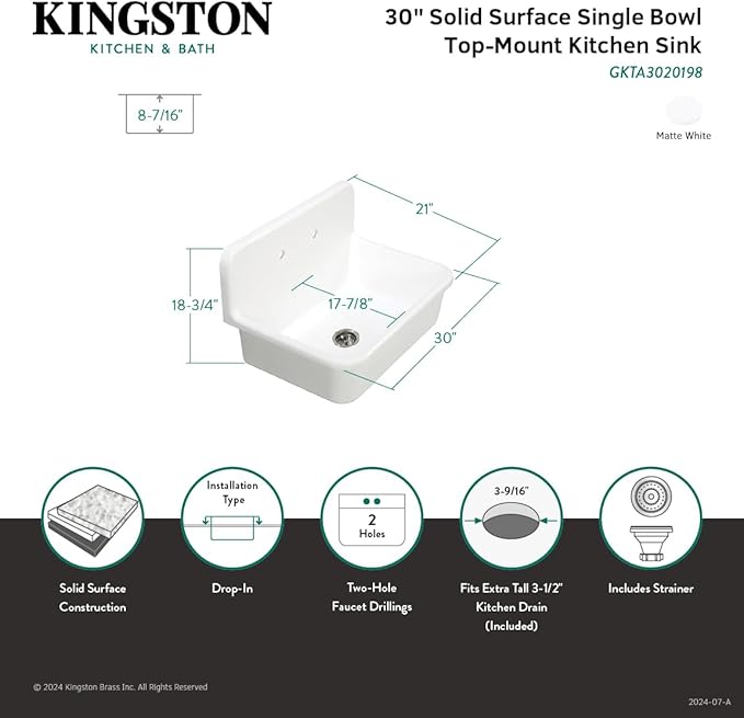 Kingston Brass GKTA3020198 Arcticstone 30-Inch Solid Surface Top-Mount Kitchen Sink with Backsplash, Matte White