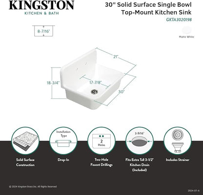 Kingston Brass GKTA3020198 Arcticstone 30-Inch Solid Surface Top-Mount Kitchen Sink with Backsplash, Matte White