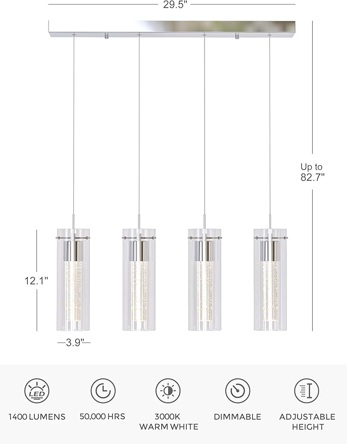 Tawson Alice 4-Light Chandelier Pendant Ceiling Light, Integrated Led and Bubble Glass, for Kitchen Island, Hallway, Entryway, Passway, Dining Room, Bedroom, Balcony, Living Room