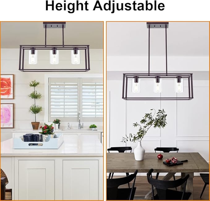 VINLUZ 3-Light Industrial Metal Large Pendant Lighting Oil Rubbed Bronze Modern Linear Chandelier with Clear Glass Shades Farmhouse Rustic Ceiling Light Fixtures Hanging for Dining Room Kitchen Island