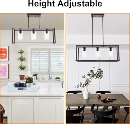 VINLUZ 3-Light Industrial Metal Large Pendant Lighting Oil Rubbed Bronze Modern Linear Chandelier with Clear Glass Shades Farmhouse Rustic Ceiling Light Fixtures Hanging for Dining Room Kitchen Island