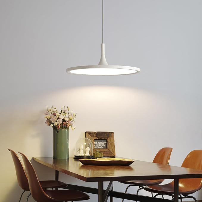 JAYMP Dining Room Modern Pendant Lighting Dimmable LED Disk Light Adjustable Height Kitchen Island Hanging Light Fixture (White, Dia 19.7 inch)