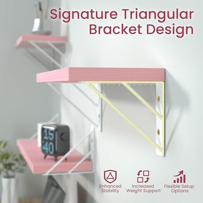 BAYKA Wall Shelves for Bedroom Decor, Pink Floating Wall Shelf for Living Room Kitchen Storage,Mounted Rustic Wood Shelves for Kids Books, Corner Shelf for Bathroom(16in，Set of 4)