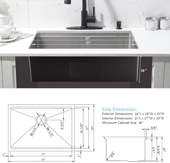 33 Inch Kitchen Sink Undermount Wokstation-Bokaiya 33x19 Stainless Steel Undermount Kitchen Sink Ledge Workstation 16 Gauge 10" Deep Handmade Single Bowl Under Mount Kitchen Basin with Cutting Board