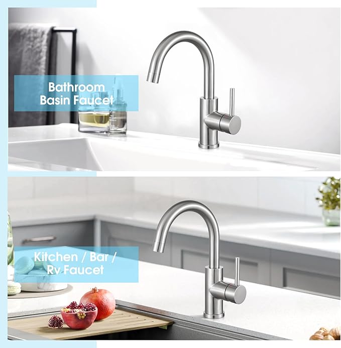 CREA Bar Sink Faucet, Bathroom Kitchen Faucet Brushed Nickel Pre Wet Small Mini Kitchen Bath Utility Marine Faucet Single Hole Stainless Steel Farmhouse Vanity Lavatory Faucets Outdoor