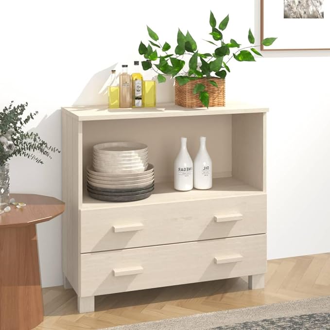 Honey Brown Solid Pine Wood Sideboard Buffet Cabinet with 3 Drawers & Open Shelf, 33.5L x 13.8W x 31.5H, Small Storage Unit for Dining Room, Kitchen, Entryway
