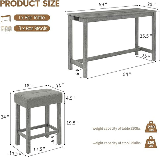 HMFULE 59'' Bar Table and Chairs Set with Power Outlet, Industrial Breakfast Table Set with 3 Padded Stools, Solid Wood Console Table Set for Living Dining Room, Grey