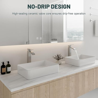 Brushed Nickel Vessel Sink Faucet, Greenspring Waterfall Bathroom Faucets, Tall Spout Single Handle Single Hole Bathroom Faucets with Pop Up Drain and Without Overflow Basin Faucet Supply Line