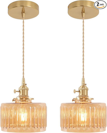 Shenmoyl Pendant Light 2 Pack with Amber Striped Glass Lmapshade, Brass Vintage Pendant Light Adjustable Hanging Light for Kitchen Island Dining Room Hallway