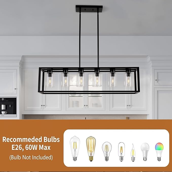 Farmhouse Dining Room Light Fixture Kitchen Island 6-Light Pendant Lighting， Adjustable Rectangle Black Contemporary Chandeliers with Glass Shade (6 Light)