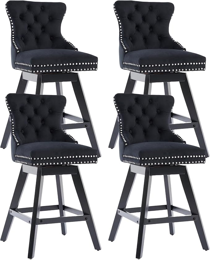 DONICK Velvet Swivel Counter Height Bar Stools,Modern Upholstered Bar Chairs Nailhead Backrest Pull Ring Solid Wood for Bar,Kitchen Island,Pub,Dining Room,Cafe(Black,Set of 4)