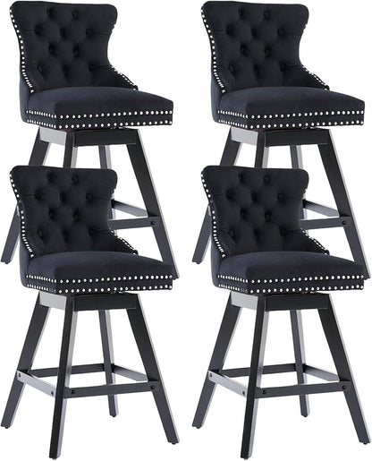 DONICK Velvet Swivel Counter Height Bar Stools,Modern Upholstered Bar Chairs Nailhead Backrest Pull Ring Solid Wood for Bar,Kitchen Island,Pub,Dining Room,Cafe(Black,Set of 4)