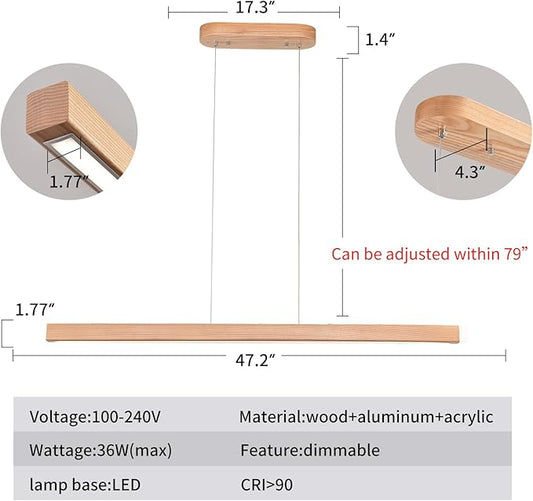 YISDESIGN 47" 36W 1-Light Wooden Led Linear Pendant Light Dimmable Led Chandelier Ceiling Hanging Light Fixtures Modern Chandeliers for Dining Room Kitchen Island Pool Table Lights Natural