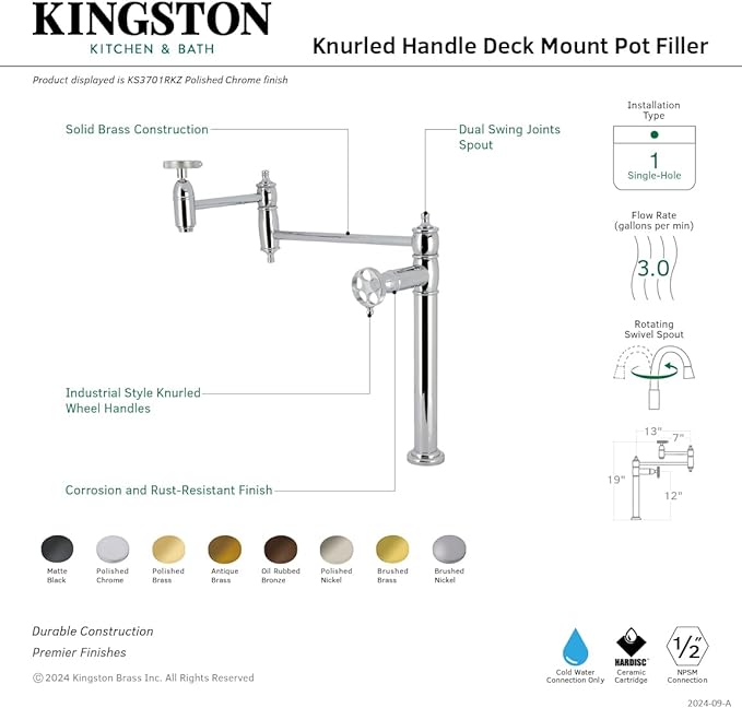 Kingston Brass KS3707RKZ Wendell Two-Handle 1-Hole Deck Mount Pot Filler Faucet with Knurled Handle in Brushed Brass
