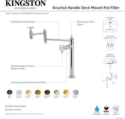 Kingston Brass KS3707RKZ Wendell Two-Handle 1-Hole Deck Mount Pot Filler Faucet with Knurled Handle in Brushed Brass