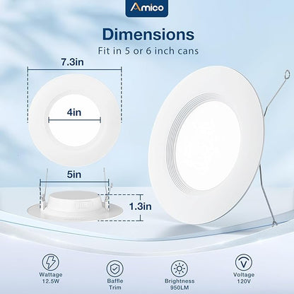 Amico 5/6 inch 5CCT LED Recessed Lighting 12 Pack, Dimmable, Damp Rated, 12.5W=100W, Can Lights with Baffle Trim, Retrofit Installation, ETL&FCC, White