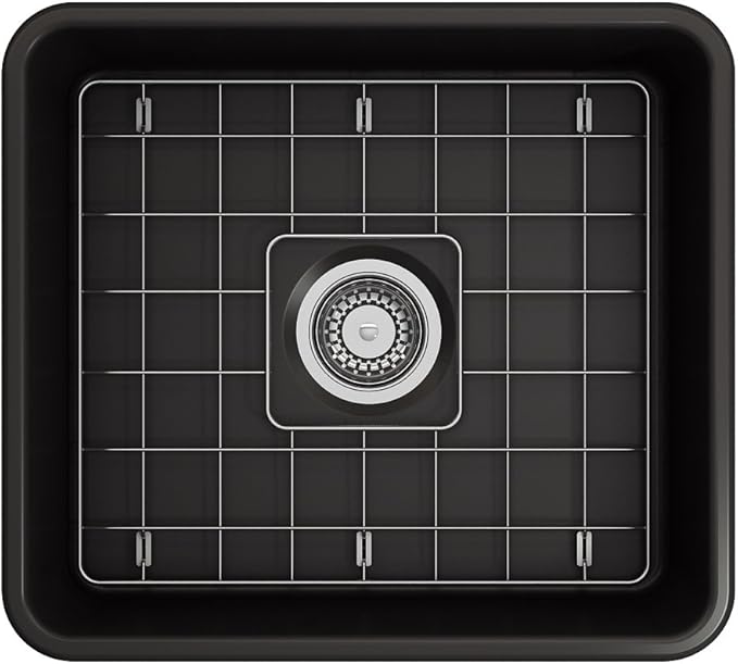 BOCCHI Classico Farmhouse Apron Front Fireclay 20 in. Single Bowl Kitchen Sink with Protective Bottom Grid and Strainer in M.Black