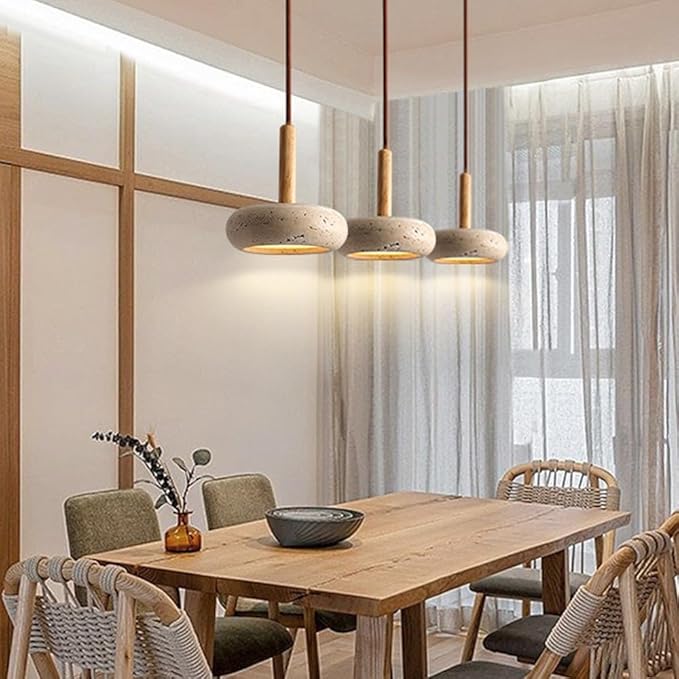 Japanese Wabi sabi Pendant Light with Natural Stone Shade, Dimmable Modern Wood Hanging Lamp Fixture, Adjustable Height Pendant Lamp for Bedroom, Kitchen Island, Dining Room, Restaurant, Cafe, Bar (E)