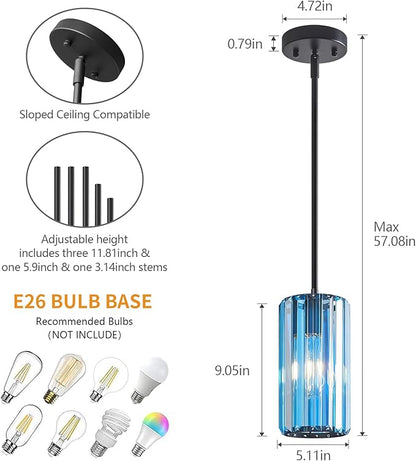 Modern Crystal Pendant Light Mini Light Blue Chandeliers Adjustable Pendant Lights Fixture for Kitchen Island Dinning Room Corridor Bedroom(Light Blue 2-Pack)