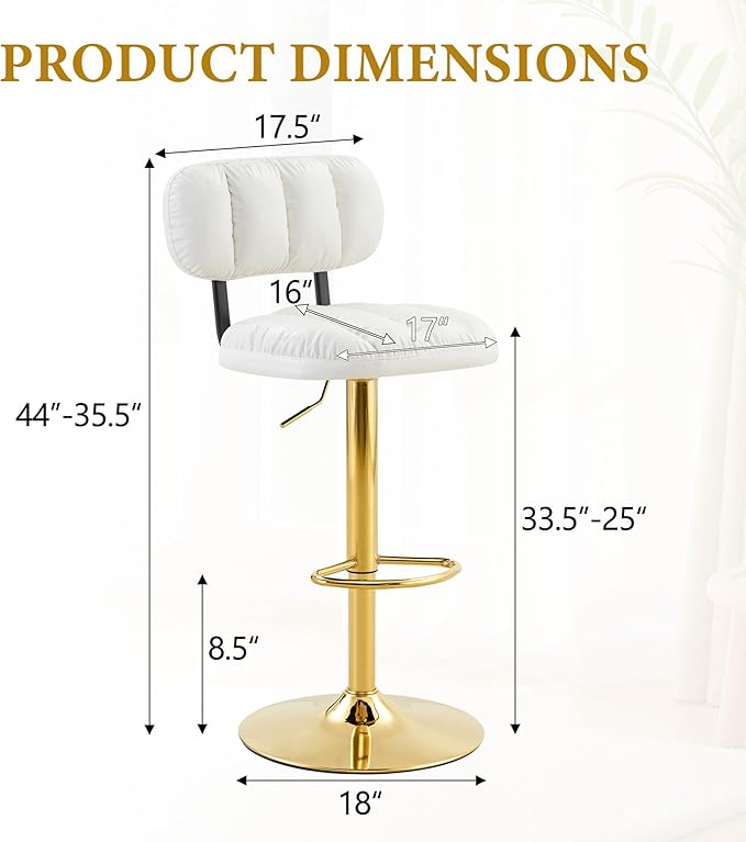 Set of 2 Adjustable Height Bar Stools, White PU Leather Upholstered Seating with Gold Metal Base Footrest, Stools for Kitchen Island, Home Bar, Living Room