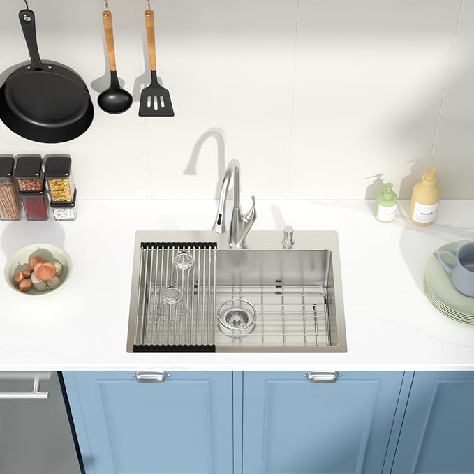 Drop in Kitchen Sink 25X18 Inch 16 Gauge Stainless Steel Handmade Topmount Kitchen Sink Single Bowl - 8 Inches Deep