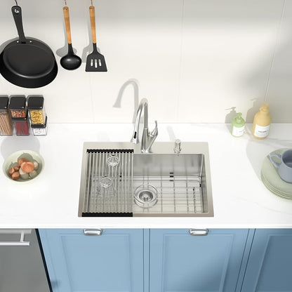 Drop in Kitchen Sink 25X18 Inch 16 Gauge Stainless Steel Handmade Topmount Kitchen Sink Single Bowl - 8 Inches Deep