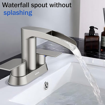 Bathroom Sink Faucet for 3 Hole, Hurran 4 Inch Bathroom Faucets with Pop-up Drain, Stainless Steel 2-Handle Waterfall Faucet for Sink, Brushed Nickel