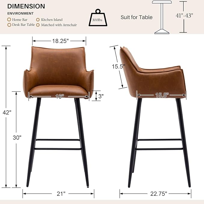 Brown Leather Bar Stools Set of 2, Mid Century Modern Upholstered Kitchen Chairs with Arms and Black Metal Legs 30” Height Stools with Back for Dining Room Home Pub Faux Leather in Brown