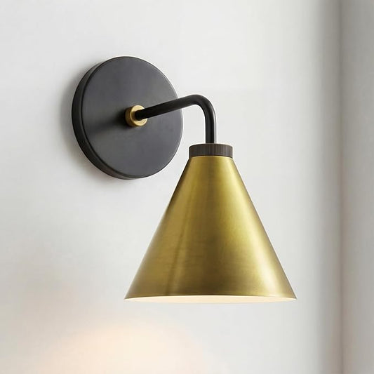 Retro Metal Cone Sconce Light - Modern Gold Wall Sconce with Metal Shade, Wall Mount Lighting for Bedroom, Hallway, Living Room (10.5“W x 10.5" L x 12.5" H Black Plate and Gold)