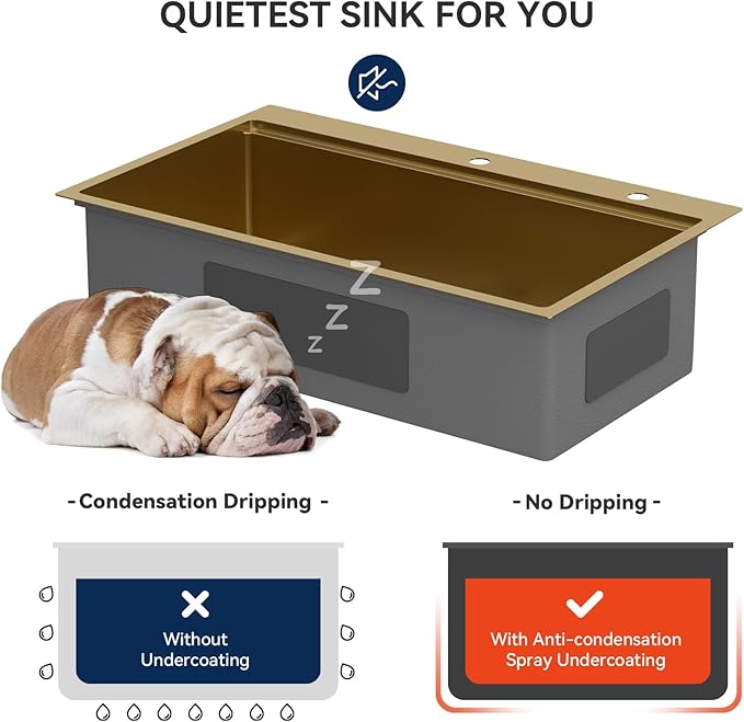 Lordear 36 Inch Drop In Kitchen Sink Matte Gold Stainless Steel 16 Gauge T304 Single Bowl Handmade Topmount Kitchen Sink with Workstation All in One 36x22x10 Inch