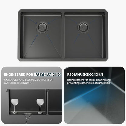 Lordear Double Bowl Black Kitchen Sink 16 Gauge Stainless Steel Undermount Kitchen Sinks Matte Gunmetal Black 50/50 Round Corner Sink 33x19x10 Inch