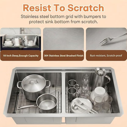 Undermount Double Kitchen Sink, 16 Gauge SUS304 Stainless Steel Kitchen Sinks,50/50 Features All In One Workstation Sinks with Accessories, 32"x 18" x 10" Large and Deep Double Kitchen Sink