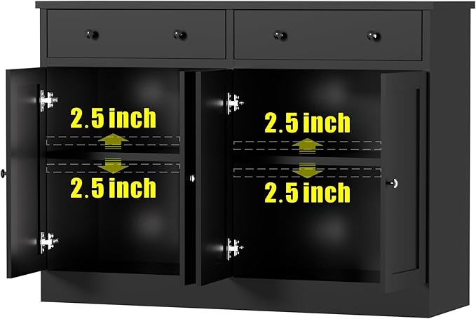 holzart 49" Black Buffet Cabinet with Doors & Drawers, Modern Kitchen Storage Sideboard, Coffee Bar Console Table for Dining Room, Living Room, Entryway