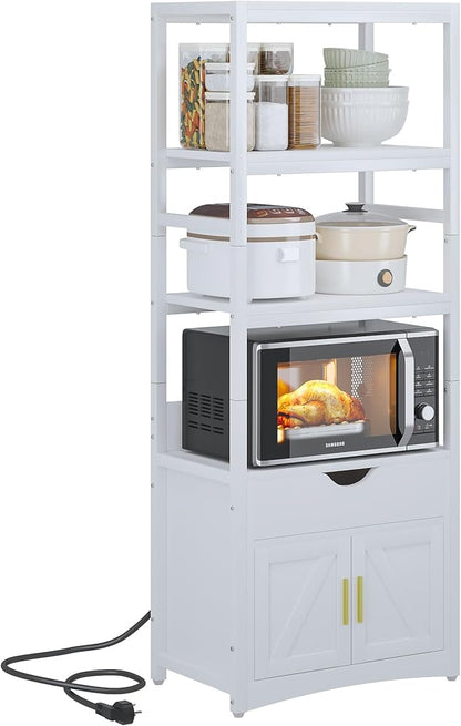 VECELO 3-Tier Microwave Stand Bakers Rack Cabinet, Fits 1.0 Cu.Ft. Oven, Farmhouse Storage with Charging Station, Coffee Bar Shelves & Drawer, Freestanding Cupboard, White